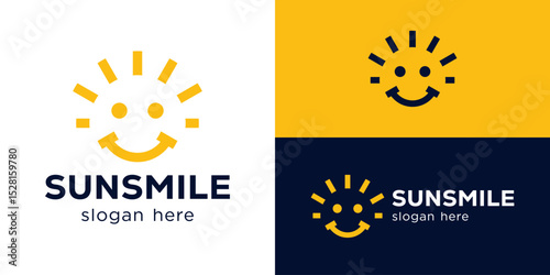 Creative simple sun smile logo template. Sun with smile face logo design vector illustration.