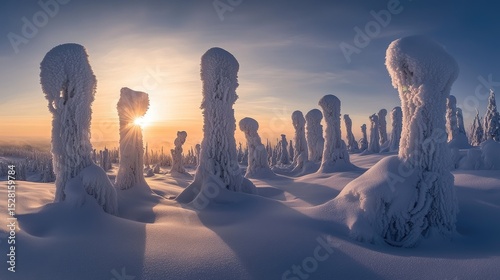 Winter wonderland with ice-covered trees at sunrise.