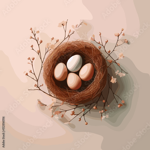 Delicate nest with pastel eggs and floral branches arranged artistically on a soft background