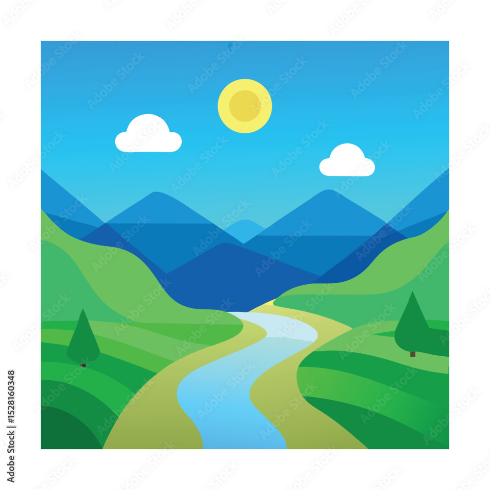 Fototapeta premium Minimalist green valley with river under blue sky