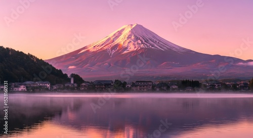 Serene dawn view of Mount Fuji and its reflection over tranquil waters