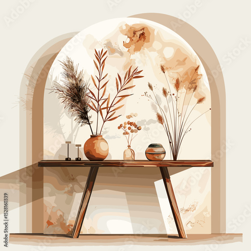 Console table adorned with decorative vases and dried flowers in an elegant setting