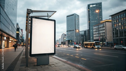 Empty illuminated billboard at a modern urban bus stop on a busy street with cars and high-rise buildings at dusk. photo