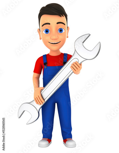A cartoon boy wearing blue overalls and a red shirt holds an oversized silver wrench with a friendly smile.