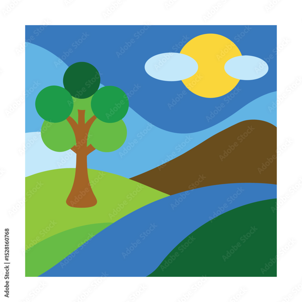 Fototapeta premium Minimalist Landscape with River, Tree, and Sun