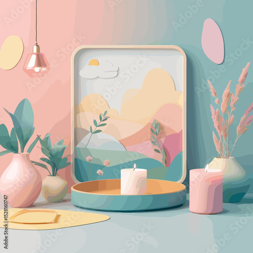 Decorative tray with vibrant candles and colorful vases in a playful setting