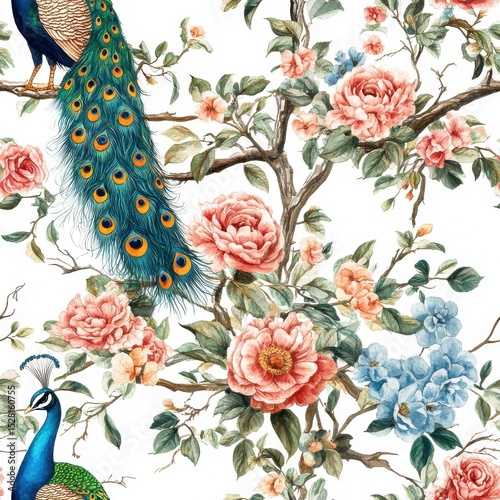 Elegant Peacock and Floral Seamless Pattern on White Background