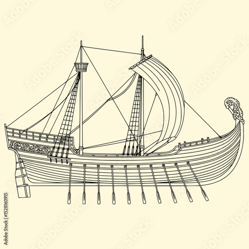 Ancient Galley Ship - Clean Black and White Drawing