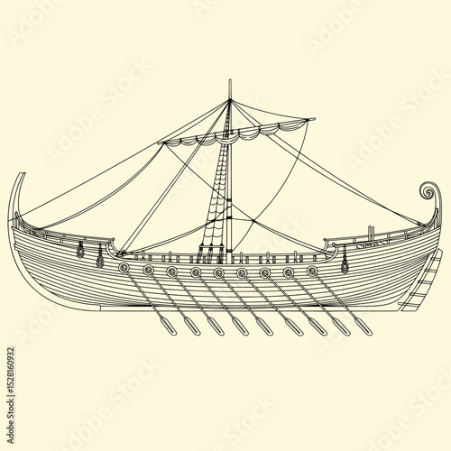 Monochrome Viking Drakkar Longship Illustration