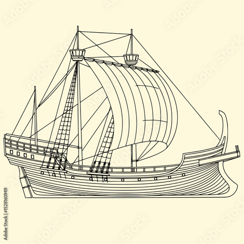 Black Line Art of a Classic Warship