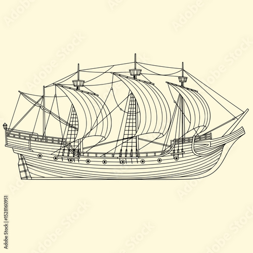 Traditional Trireme Ship, Clean Outline Style