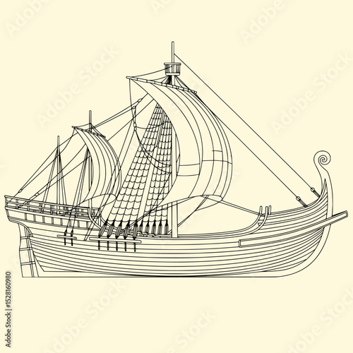 Ancient Galley Line Art Illustration