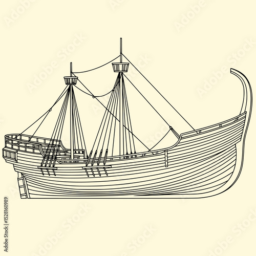 Detailed Outline of a Historical Sailing Ship