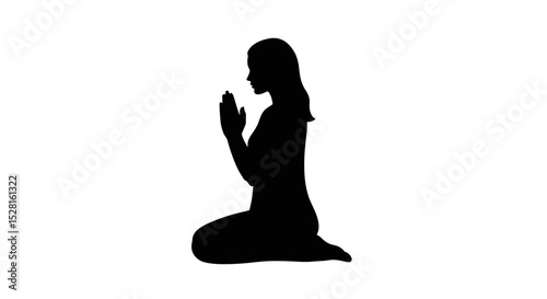 Silhouette of woman kneeling in prayer with hands together  