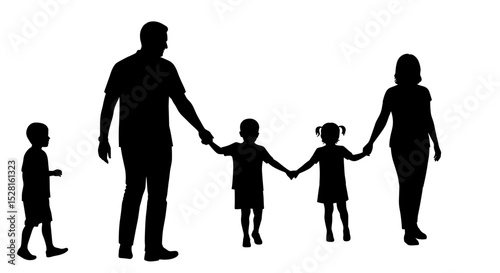 Family walking together holding hands in silhouette against white  