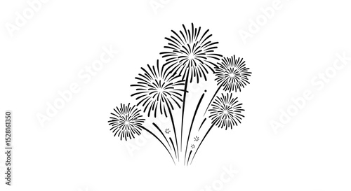 Black and white illustration of five flowers with spiky petals  