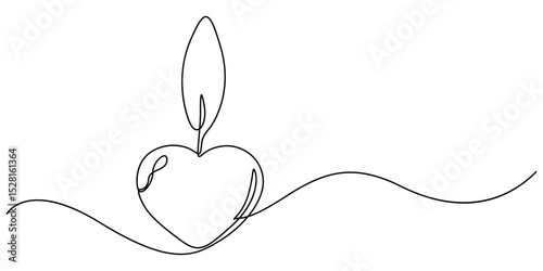 Continuous line drawing. Candles and heart. Black isolated on white background. Hand drawn vector illustration, Candle with a heart, Burning fire candle with love continuous one line drawing, Continue