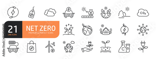 Set of line icons related to Net zero, emissions Green energy, CO2 neutral, gas emissions, climate, ecology and more. Outline icons collection. Editable stroke. Vector illustration.