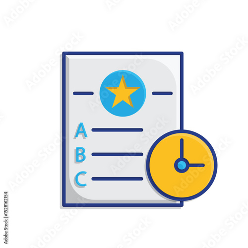 education icon. Quiz. Question sheet with choices A, B, C, D and a small clock icon. smart, learning, clever. isometric design style