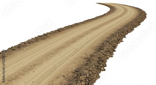 Curved dusty dirt path country road segment. Dirt road path desert trail travel background scene isolated on a transparent background