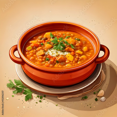 Hearty Lentil Soup in Clay Pot with Parsley Garnish
