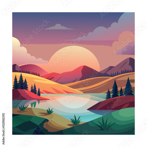Minimalist landscape of hills and pond under sunset