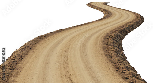 Curved dirt road isolated on a transparent background. Winding dusty dirt country road pathway turn.