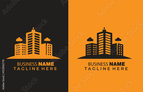 Bold business logo design featuring high-rise cityscape with sharp black and orange color palette, ideal for real estate, construction, or corporate branding.