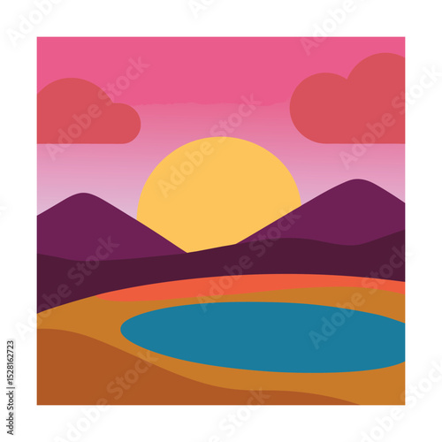 Minimalist landscape of hills and pond under sunset