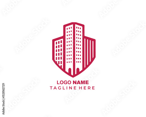 real estate logo template with stylized skyscrapers in shield emblem, symbolizing protection, security, and trust for property businesses.