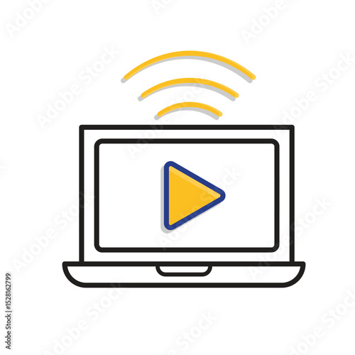 education icon. Online Learning or E-Learning. Open laptop with play symbol on screen and signal. smart, learning, clever. Mixed design style
