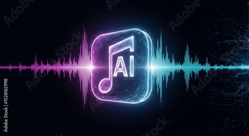 Futuristic ai audio technology with digital sound waves and music note design