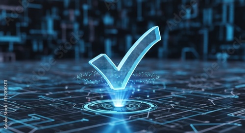 Digital checkmark in futuristic cyber security environment on abstract network background