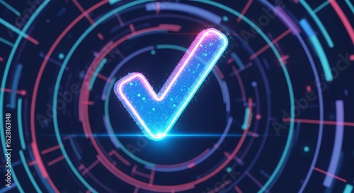 Futuristic neon checkmark symbol in digital cyber space with glowing technology circuits
