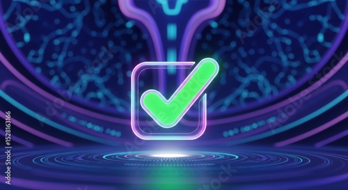 Neon check mark in futuristic digital space highlighting technology innovation concept