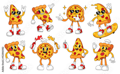 Retro cartoon pizza character pizza. Cool pizza mascot slice poses for fast food cafe pizzeria logo, groovy stickers vector set