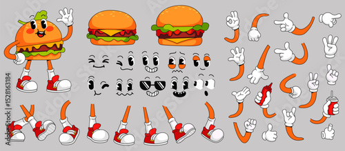 Cartoon retro hamburger character сonstruction kit with faces, hands in gloves gesture and legs poses. Groovy comic vector fast food mascot set