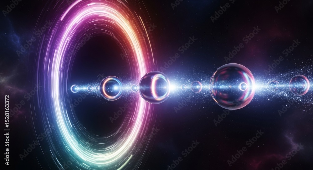 Obraz premium Intergalactic journey through colorful nebula rings and cosmic orbs in deep space