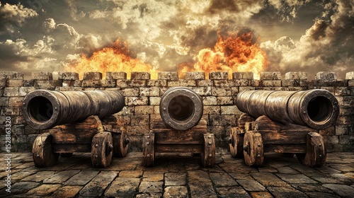 Antique cannons positioned on a stone wall during a battle.