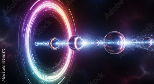 Intergalactic journey through colorful nebula rings and cosmic orbs in deep space