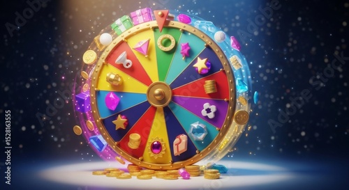 Colorful fortune wheel surrounded by coins and gems against sparkling background for game design