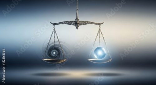 Surreal balance concept with scales featuring black hole and planetary globe for harmony and contrast