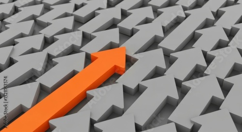 Standing out and leadership concept with orange arrow among gray
