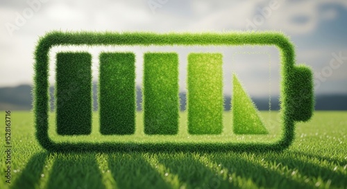 Green energy concept featuring grass-covered battery symbol in natural setting