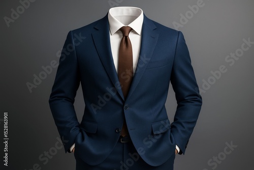 Business suit with no visible head on dark background, symbolizing anonymity in professional identity concept with formal attire focus.