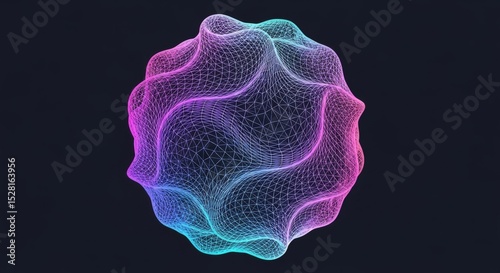 Abstract glowing geometric sphere with neon blue and purple wireframe aesthetic