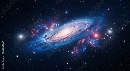 Stunning view of a spiral galaxy in deep space with star clusters and nebulae