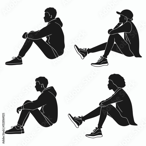 silhouette of black Flat collection pack of people sitting icon  on white background
