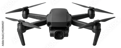 Advanced quadcopter drone with camera and four propellers for aerial photography on transparent background.