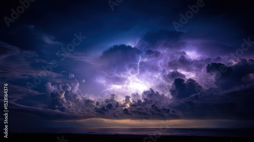 Storm clouds illuminated by lightning over the ocean at night